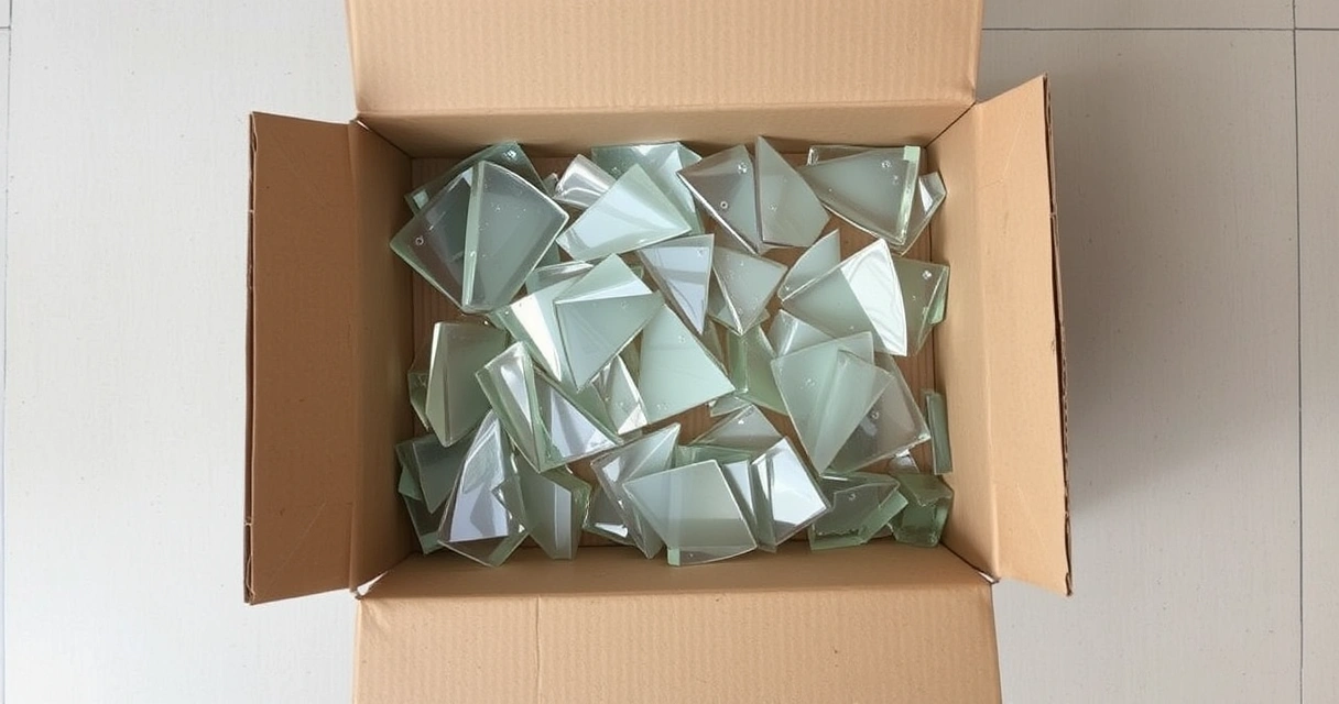 Cacos de vidro dentro de uma caixa de papelão aberta no chão
