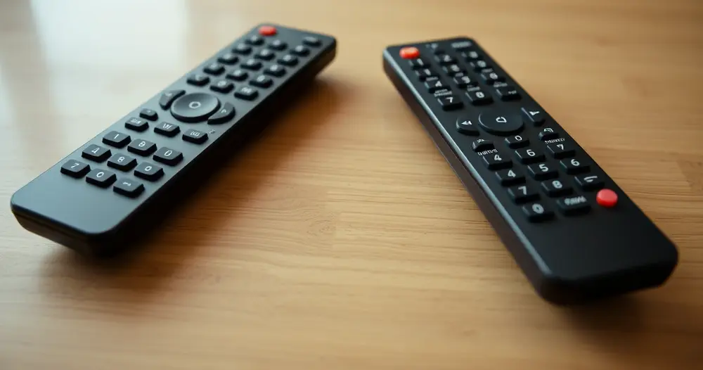 Dois controles remotos de televisão lado a lado sobre mesa de madeira