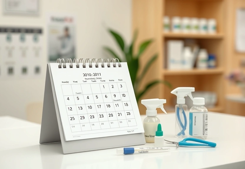 Calendário e material médico sobre a mesa de um consultório