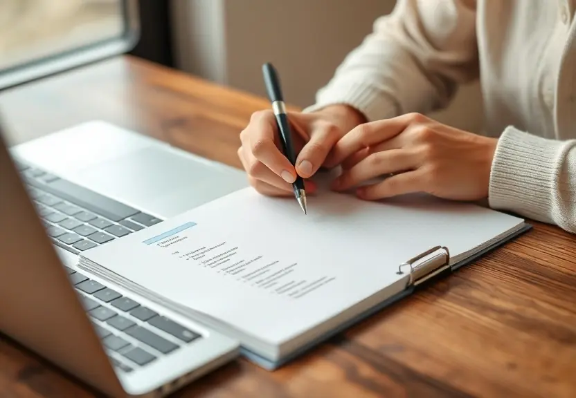 Pessoa escrevendo uma lista num caderno sobre a mesa, com o notebook fechado ao lado