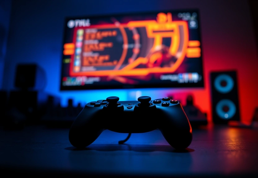 Controle de videogame sobre a mesa diante de um monitor aceso, no escuro