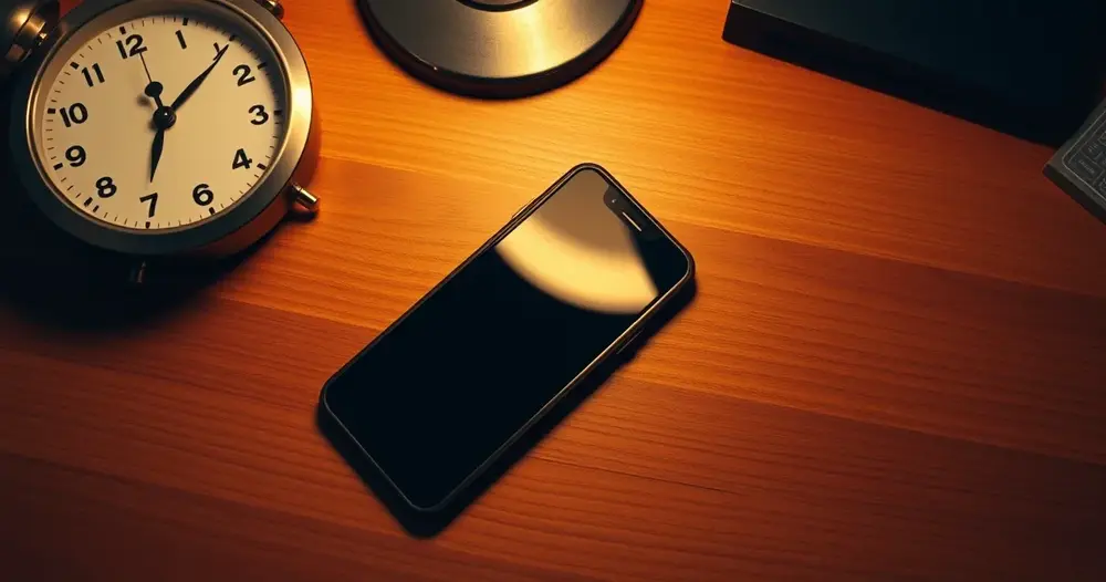 Celular sobre a mesa ao lado de um relógio analógico sob luz de fim de tarde