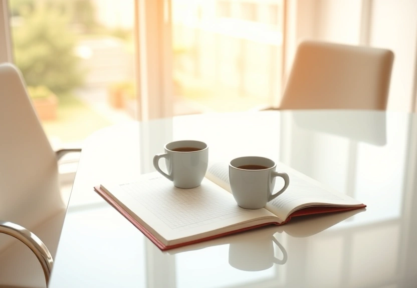 Duas xícaras de café e um caderno aberto sobre a mesa, junto à janela