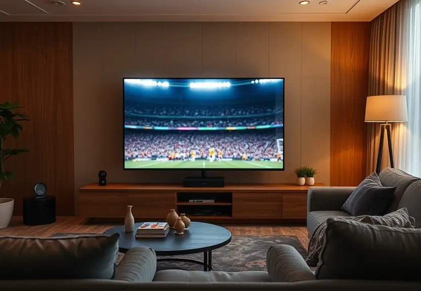 Partida de futebol na televisão de uma sala de estar, à noite